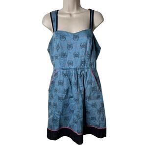 Antit blue mini summer dress ceremonial shaman cat print size M.